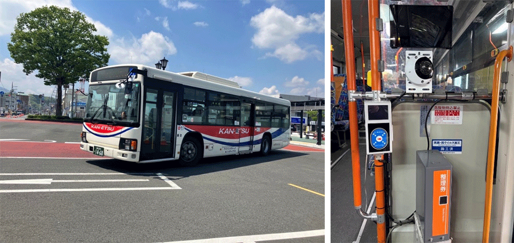 バス車両イメージ / 乗車口に設置する案内タブレットと顔認識AIカメラ イメージ画像